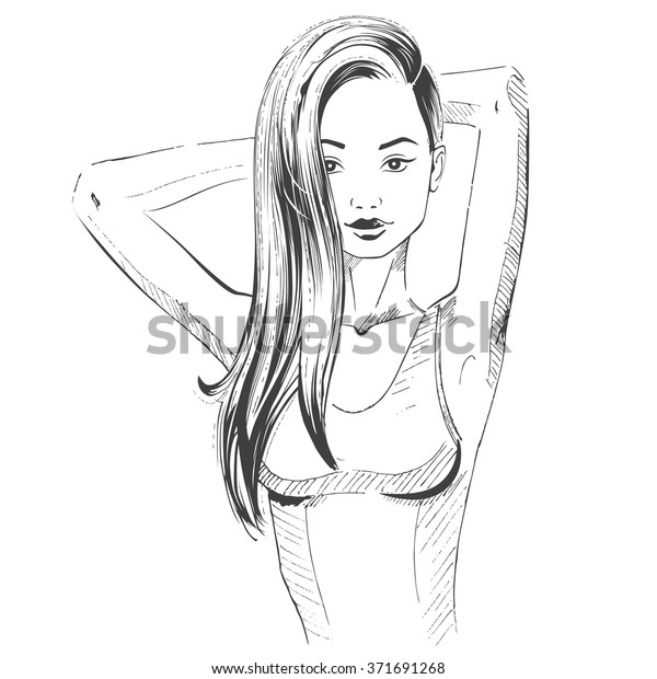 Beautiful Sexy Girl Long Hair Pencil Stock Vektorgrafik
