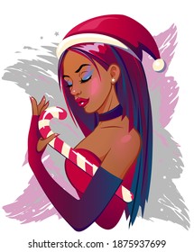 Beautiful sexy Girl in Santa costume with a candy cane is a creative design for print on t-shirt or greeting card or advertising.