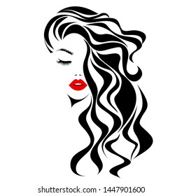 Beautiful sexy woman face, red lips, curly black hair style, fashion hairdresser, element design, spa salon. Beauty Logo. Vector illustration. Isolated on white.