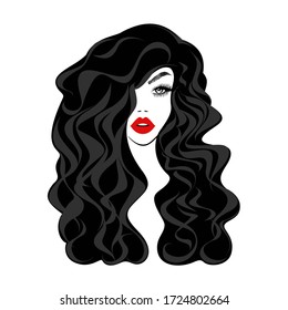 Beautiful sexy woman face, red lips, curly black long hair style, fashion hairdresser, element design, spa salon. Beauty Logo. Vector illustration. Isolated on white.