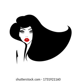Beautiful sexy woman face, red lips, black hair style, fashion hairdresser, element design, spa salon. Beauty Logo. Vector illustration. Isolated on white.