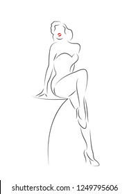 Beautiful sexy woman silhouette diva Hollywood drawn in outline style,  vector erotic girl outline drawing in white background, burlesque fashion Marilyn pin up icon style isolated 