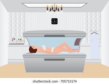 Beautiful Sexy Woman Tanning In Solarium,Tanning Bed In A Salon, Interior Vector Illustration.
