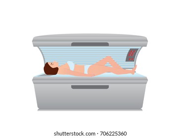 Beautiful Sexy Woman Tanning In Solarium,Tanning Bed Isolated On White Background, Interior Vector Illustration.
