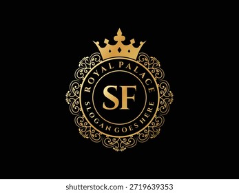 Hermosa Plantilla de logotipo de lujo inicial sf para la tienda del palacio real. Elegante insignia heráldica de Ilustración vectorial de diseño de monograma.