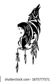 beautiful shaman woman, crescent moon, feathered decor and howling wolf - tribal spirit animal concept black and white vector design