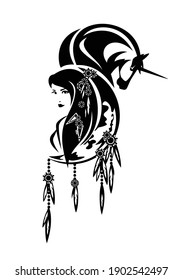 beautiful shaman woman, crescent moon, feathered decor and magic unicorn horse - tribal spirit animal concept black and white vector design