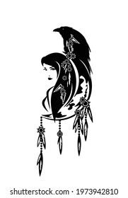 beautiful shaman woman, crescent moon, feathered decor and raven bird - tribal spirit animal concept black and white vector design