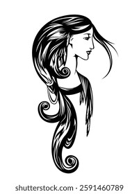 beautiful shaman woman with long hair decorated with feathers - tribal style forest goddess hand drawn black and white vector portrait