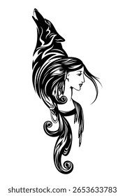 beautiful shaman woman with long hair decorated with feathers and howling wolf spirit - fantasy style forest goddess black and white vector portrait