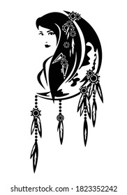 beautiful shaman woman with moon crescent decorated with feathers - tribal style spiritual decor black and white vector design