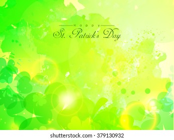 Beautiful shamrock leaves and splash decorated shiny background for Happy St. Patrick's Day celebration.
