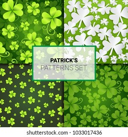 Beautiful Shamrock Patterns Set, Seamless Backgrounds For Saint Patricks Day Decoration Clover Ornament Vector Illustration
