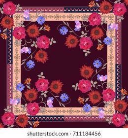 Beautiful shawl with bouquets of flowers and ornamental frame. Vector summer design.