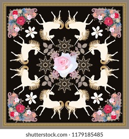 Beautiful shawl with fairy unicorns, golden mandala - snowflake and garden flowers on black background in vector. Print for fabric.