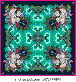 Beautiful shawl with luxury bouquets of garden flowers on emerald color ornament in ethnic style. Indian, russian, spanish motifs. Carpet, tablecloth, doily.