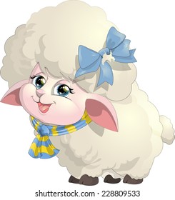 beautiful sheep with bow and scarf on white background