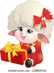 beautiful sheep in the Santa Claus suit with a gift