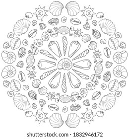 beautiful shell mandala black and white vector illustration