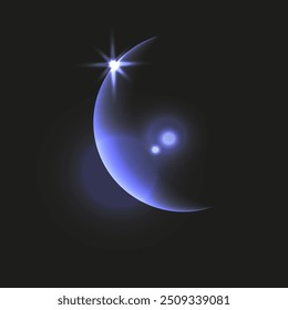 Crescente brilhante bonito com destaque estrela isolado fundo preto. Meia lua no escuro. Estética futura da luz do vetor da cor do crepúsculo para o projeto gráfico.