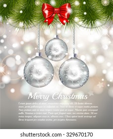 Beautiful shine elegant Christmas background with silver and white evening balls. Light Christmas Holiday background with christmas balls and bow