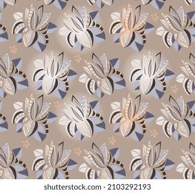 Beautiful shining abstract flowers isolated on a coffee with milk color background. Vector illustration. Elegant print for fabric, wallpaper.