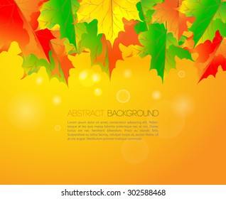 Beautiful shining autumn backdrop with falling maple leaves and sunlight. Place for text. Vector illustration