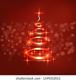 Beautiful shining Christmas tree on red background; bright glowing vector illustration with stars and bokeh effect for Christmas and New Year greeting cards, banners, wallpapers and leaflets; EPS10