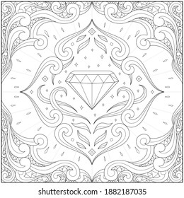 Beautiful shining emerald gemstone and jewelry with ornament and decoration. Learning and education coloring page illustration for adults and children. Outline style, black and white drawing