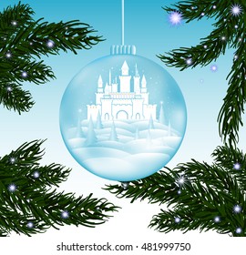 Beautiful shining vector happy new year illustration with crystal ball, snowflakes and fir branches