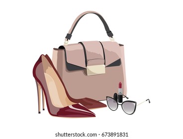 Beautiful shinning Shoes and bag Accessory.Lipstick and Sunglasses.