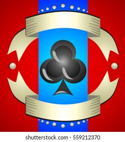 Beautiful shiny black sign - clubs in a frame of gold ribbons. Card suits. Beautiful illustration for a casino, tricks and games.