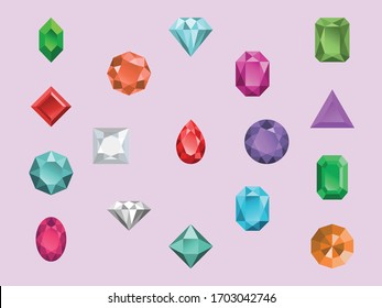 Beautiful Shiny Colorful Gemstones Vector Icons Gems Jewels  Diamonds ruby emerald topaz sapphire precious stones Colors red pink blue green orange white turquoise purple 