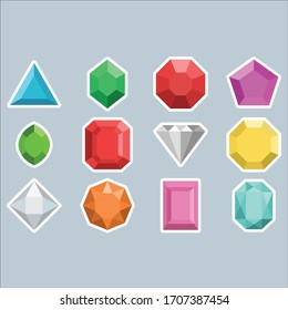 Beautiful Shiny Colorful Gemstones Vector Icons Gems  Diamonds Jewel Ruby Emerald Topaz Sapphire Precious Stones Colors Red Pink Blue Green Orange White Turquoise Purple 