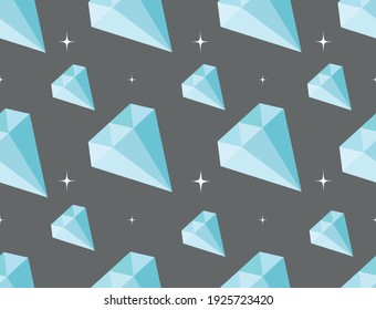 Beautiful shiny diamonds seamless pattern. Vector diamonds seamless pattern on grey background. Glowing blue  diamonds wallpaper. Wallpaper textile fabric prints 