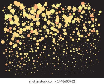 Beautiful shiny falling crackers. Vector illustration vintage. Vibrant element of your design. Gold colored abstract confetti festive happy chaotic decor.