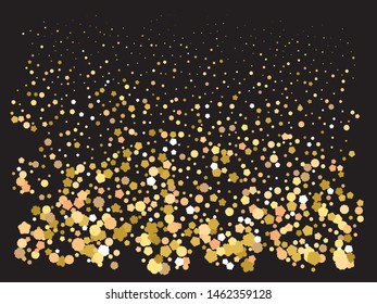 Beautiful shiny falling crackers. Vector illustration backdrop. Random element of your design. Gold colored abstract confetti festive happy chaotic decor.