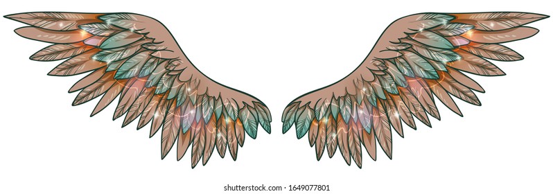 Beautiful shiny glittery beige wings with some turquoise and light pink feathers, vector