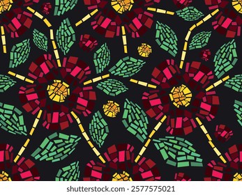 Beautiful shiny, glossy red flowers, green leaves, berries, floral, botanical summer, spring, nature.  Vintage, modern mosaic, cracked tile, gemstones, ceramics, cutted paper . Seamless vector pattern