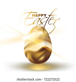 Beautiful, shiny golden egg drapery wrapped in gold silk with golden glitter and sparkle. Happy Easter greeting, card, background, brochure, poster, invitation in modern geometric style