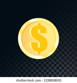 Beautiful shiny golden round dollar coin on a translucent dark squared black background from squares. Vector illustration.