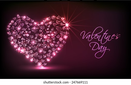 Beautiful shiny heart shape on purple background for Happy Valentines Day celebration.