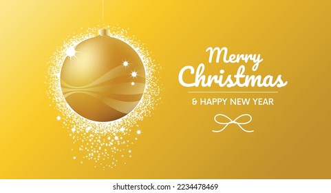 Hermoso y lujoso vector de pancartas de navidad dorada y brillante. Feliz Navidad y feliz año nuevo tarjeta de saludo con navidad dorada brillante bauble en un elemento de diseño gráfico de fondo dorado