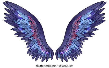 Beautiful shiny magic violet wings with blue and pink feathers, vector