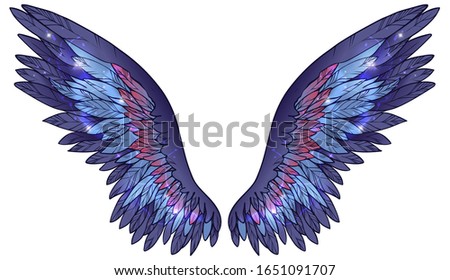 Beautiful shiny magic violet wings with blue and pink feathers, vector