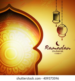 Beautiful and shiny mosque door on golden background with hanging lamps and text of Ramadan Kareem.