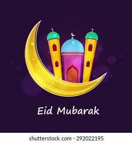 Beautiful shiny mosque on golden crescent moon on purple background for holy festival of Muslim community, Eid celebration.