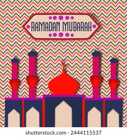 Beautiful shiny mosque on zigzag chevron pattern background for Islamic holy month of prayers, Ramadan Mubarak celebration.