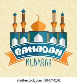 Beautiful shiny paper mosque on floral design decorated background for Islamic holy month of prayers, Ramadan Mubarak celebration.