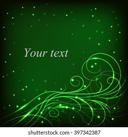 Beautiful shiny pattern on dark green background with stars for greeting card or invitation design.